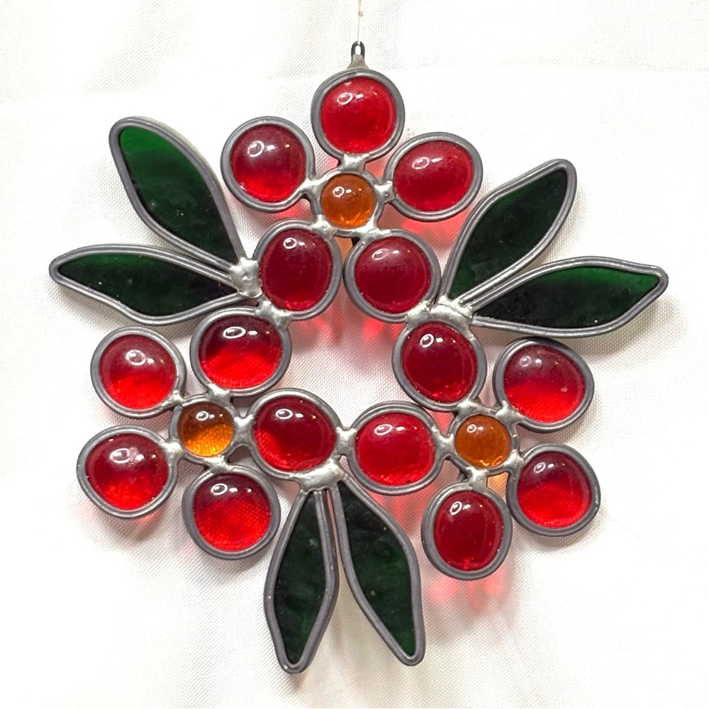Vintage Suncatcher Jeweled Stained Glass Red Flower Wreath Holiday Small